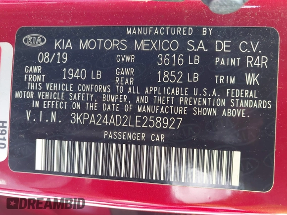 2020 Kia Rio LX with VIN 3KPA24AD2LE258927, listed as a IAAI auction lot 41967690 with 37,731 mi miles and . Bid and sale history available at DreamBid. Image 9.