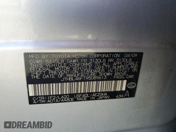 2009 Lexus LS 460 with VIN JTHBL46F195089613, listed as a Copart auction lot 47802535 with 209,104 mi miles and Salvage title. Bid and sale history available at DreamBid. Image 13.