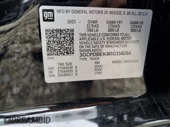 2024 Chevrolet Silverado 1500 Custom with VIN 3GCPDBEK8RG158264, listed as a Copart auction lot 46501385 with 2,382 mi miles and Salvage Title. Bid and sale history available at DreamBid. Image 13.