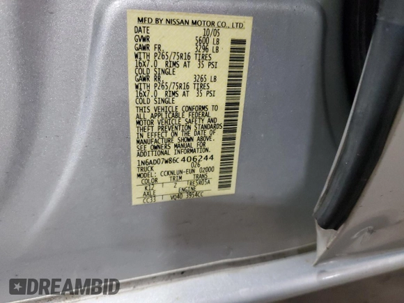 2006 Nissan Frontier SE with VIN 1N6AD07W86C406244, listed as a Copart auction lot 50157725 with 137,386 mi miles and Salvage title. Bid and sale history available at DreamBid. Image 12.
