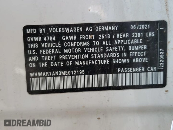 2021 Volkswagen Arteon SE с VIN WVWAR7AN3ME012195, выставлен на аукционе Copart как лот 60237885 с пробегом 49 396 миль миль и Чистый • Clean title. История ставок и продаж доступна на DreamBid. Изображение 12.