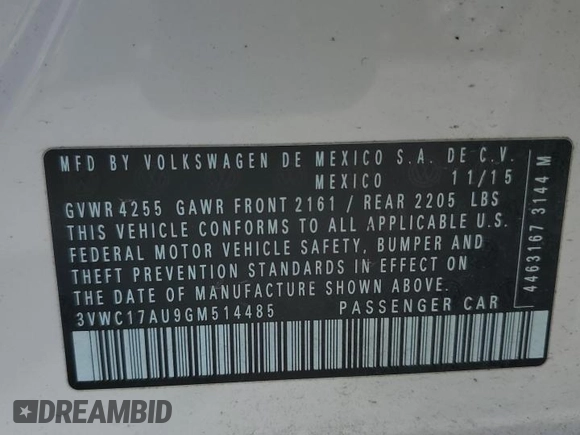 2016 Volkswagen Golf TSI S с VIN 3VWC17AU9GM514485, выставлен на аукционе Copart как лот 56247705 с пробегом 39 557 миль миль и Списание • Salvage title. История ставок и продаж доступна на DreamBid. Изображение 13.