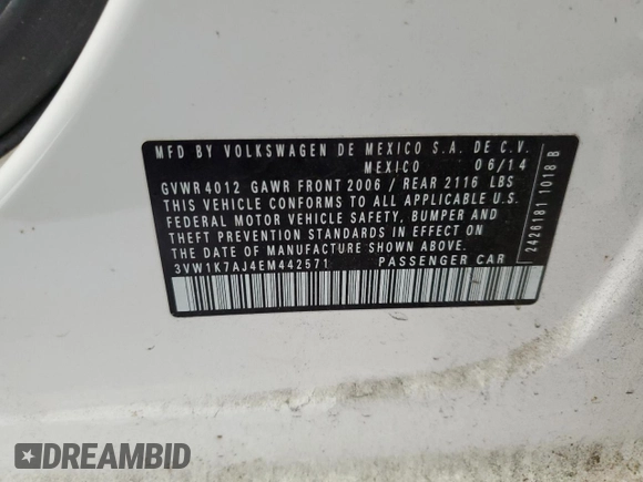 2014 Volkswagen Jetta Sedan S with VIN 3VW1K7AJ4EM442571, listed as a Copart auction lot 45098385 with 93,754 mi miles and Salvage Title. Bid and sale history available at carsss.com. Image 13.