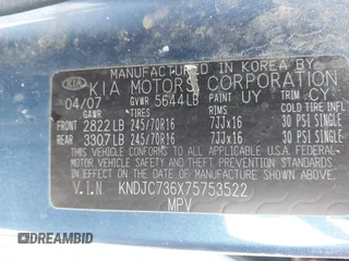 2007 Kia Sorento EX z VIN KNDJC736X75753522, wystawiony jako IAAI lot #41626037 z przebiegiem 220 767 mil mil oraz . Historia ofert i sprzedaży dostępna na DreamBid. Obrazek 9.
