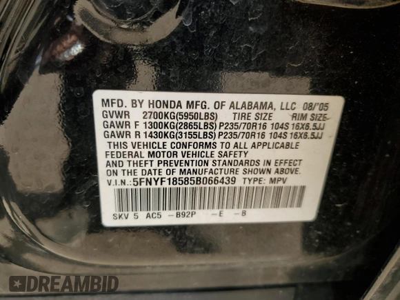 2005 Honda Pilot EX-L z VIN 5FNYF18585B066439, wystawiony jako Copart lot #48514715 z przebiegiem 157 781 mil mil oraz Szkody całkowita. Historia ofert i sprzedaży dostępna na DreamBid. Obrazek 12.