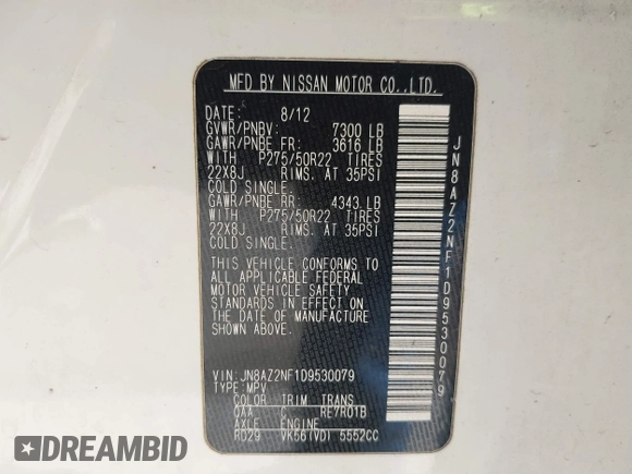 2013 Infiniti QX56 with VIN JN8AZ2NF1D9530079, listed as a IAAI auction lot 41742583 with 165,795 mi miles. Bid and sale history available at carsss.com. Image 9.