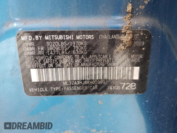 2019 Mitsubishi Mirage ES z VIN ML32A3HJ6KH009992, wystawiony jako Copart lot #55394765 z przebiegiem 26 158 mil mil oraz Szkoda całkowita • Salvage title. Historia ofert i sprzedaży dostępna na DreamBid. Obrazek 12.