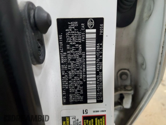 2019 Toyota Camry LE with VIN 4T1B11HKXKU701993, listed as a Copart auction lot 45009855 with 76,033 mi miles and Salvage Title. Bid and sale history available at carsss.com. Image 14.