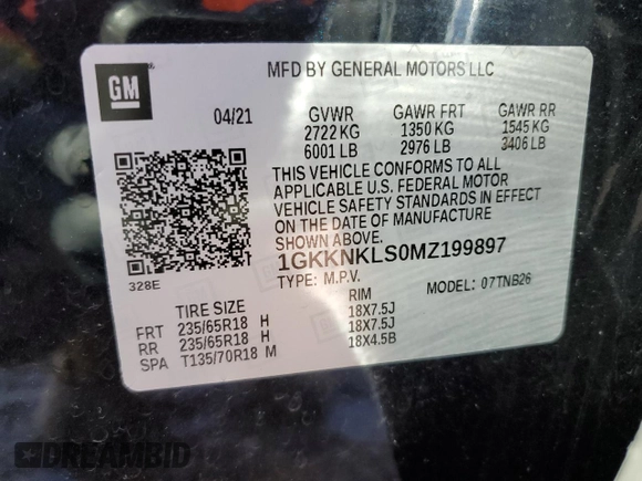 2021 GMC Acadia SLE with VIN 1GKKNKLS0MZ199897, listed as a Copart auction lot 46168535 with 25,693 mi miles and Salvage Title. Bid and sale history available at DreamBid. Image 14.