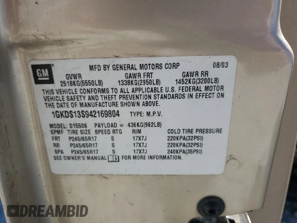 2004 GMC Envoy SLT with VIN 1GKDS13S942169804, listed as a Copart auction lot 47439305 with 240,348 mi miles and Salvage Title. Bid and sale history available at carsss.com. Image 14.
