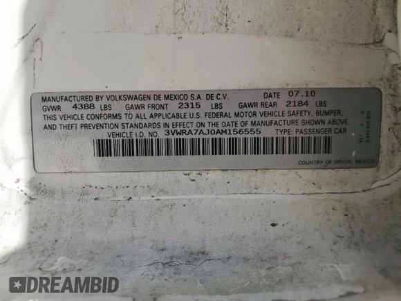 2010 Volkswagen Jetta Wolfsburg Edition with VIN 3VWRA7AJ0AM156555, listed as a Copart auction lot 56982155 with 72,054 mi miles and Salvage title. Bid and sale history available at DreamBid. Image 12.