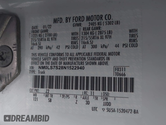 2022 Ford Transit Connect XL with VIN NM0LS7S28N1522940, listed as a IAAI auction lot 42005203 with Not provided miles and . Bid and sale history available at DreamBid. Image 9.