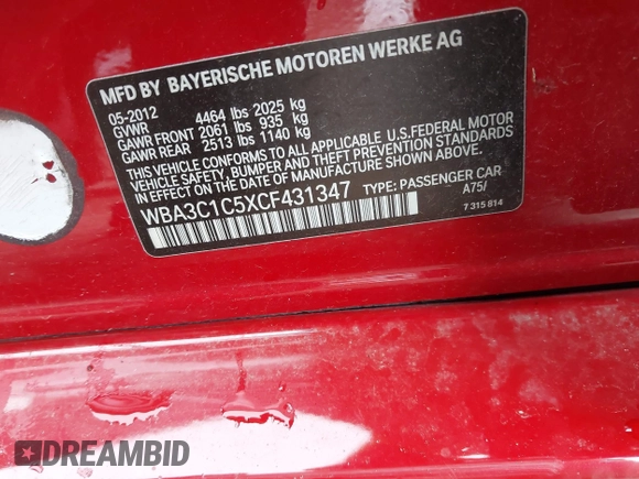 2012 BMW 3 Series 328i with VIN WBA3C1C5XCF431347, listed as a IAAI auction lot 41551784 with Not provided miles and . Bid and sale history available at DreamBid. Image 9.