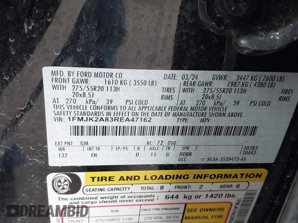 2024 Ford Expedition Max Limited с VIN 1FMJK2A83REA47162, выставлен на аукционе IAAI как лот 42416938 с пробегом 46 252 миль миль и . История ставок и продаж доступна на DreamBid. Изображение 9.