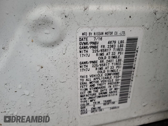 2016 Nissan Rogue SV with VIN JN8AT2MV6GW151014, listed as a Copart auction lot 51981555 with 75,968 mi miles and Salvage Title. Bid and sale history available at DreamBid. Image 13.