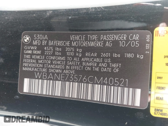 2006 BMW 5 Series 530i with VIN WBANE73576CM40521, listed as a IAAI auction lot 41623976 with 150,953 mi miles and . Bid and sale history available at carsss.com. Image 9.