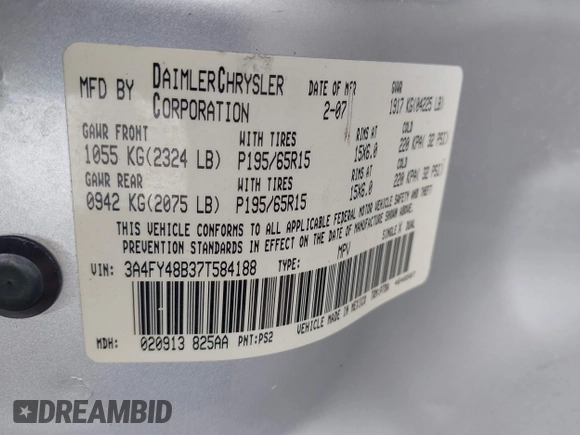 2007 Chrysler PT Cruiser with VIN 3A4FY48B37T584188, listed as a IAAI auction lot 42660538 with 87,505 mi miles and . Bid and sale history available at DreamBid. Image 9.