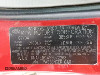 2005 Kia Spectra with VIN KNAFE161455072263, listed as a Copart auction lot 50353204 with 179,957 mi miles and Salvage Title. Bid and sale history available at DreamBid. Image 12.