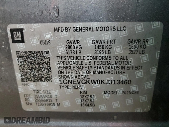 2019 Chevrolet Traverse LT Cloth with VIN 1GNEVGKW0KJ313460, listed as a Copart auction lot 53276505 with 77,087 mi miles and Clean Title. Bid and sale history available at carsss.com. Image 14.