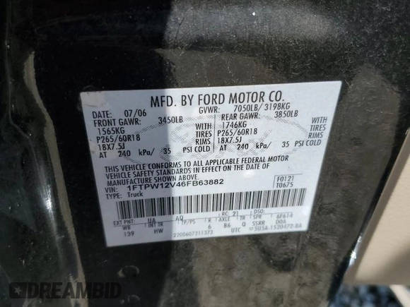2006 Ford F-150 XLT with VIN 1FTPW12V46FB63882, listed as a Copart auction lot 60549325 with 213,877 mi miles and Salvage title. Bid and sale history available at DreamBid. Image 13.
