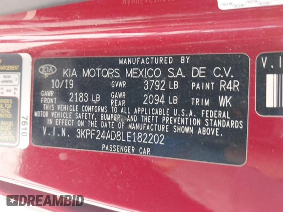 2020 Kia Forte LXS with VIN 3KPF24AD8LE182202, listed as a IAAI auction lot 41853208 with 128,502 mi miles. Bid and sale history available at carsss.com. Image 9.