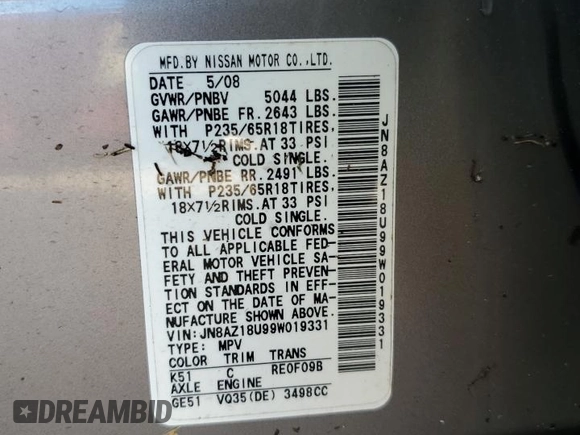 2009 Nissan Murano SL with VIN JN8AZ18U99W019331, listed as a Copart auction lot 73653734 with 0 mi miles and Salvage Title. Bid and sale history available at carsss.com. Image 14.