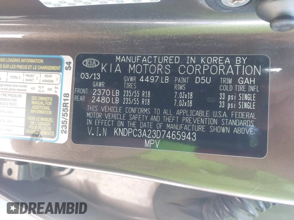 2013 Kia Sportage EX with VIN KNDPC3A23D7465943, listed as a IAAI auction lot 42828113 with 222,309 mi miles and . Bid and sale history available at DreamBid. Image 9.