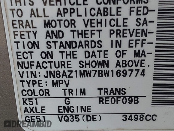 2011 Nissan Murano SV z VIN JN8AZ1MW7BW169774, wystawiony jako IAAI lot #40752308 z przebiegiem 167 144 mil mil oraz . Historia ofert i sprzedaży dostępna na DreamBid. Obrazek 9.