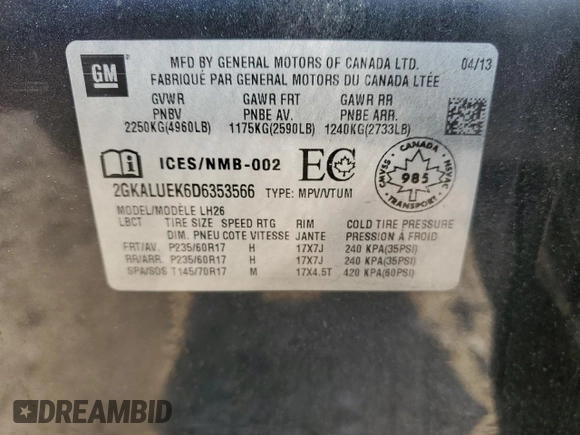 2013 GMC Terrain SLT with VIN 2GKALUEK6D6353566, listed as a Copart auction lot 55798415 with 122,978 mi miles and Salvage title. Bid and sale history available at DreamBid. Image 12.
