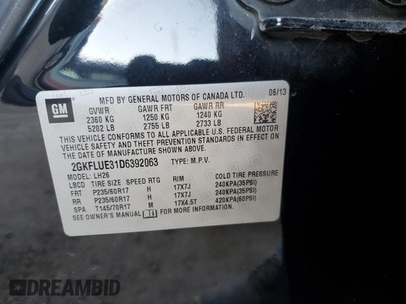 2013 GMC Terrain SLT with VIN 2GKFLUE31D6392063, listed as a Copart auction lot 42920585 with 105,037 mi miles and Salvage Title. Bid and sale history available at carsss.com. Image 13.