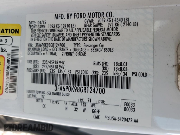 2016 Ford Fusion Titanium with VIN 3FA6P0K98GR124700, listed as a Copart auction lot 48786205 with 125,676 mi miles and Salvage Title. Bid and sale history available at carsss.com. Image 12.