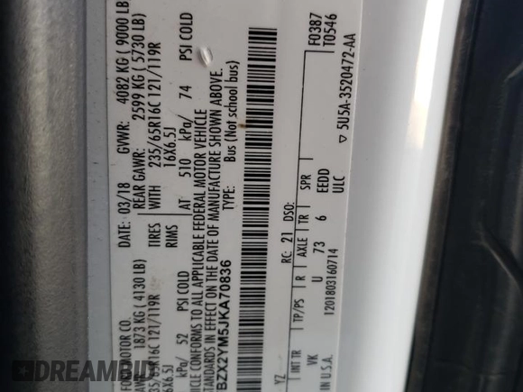 2018 Ford Transit Passenger XL with VIN 1FBZX2YM5JKA70836, listed as a Copart auction lot 56246485 with 60,391 mi miles and Salvage title. Bid and sale history available at DreamBid. Image 13.
