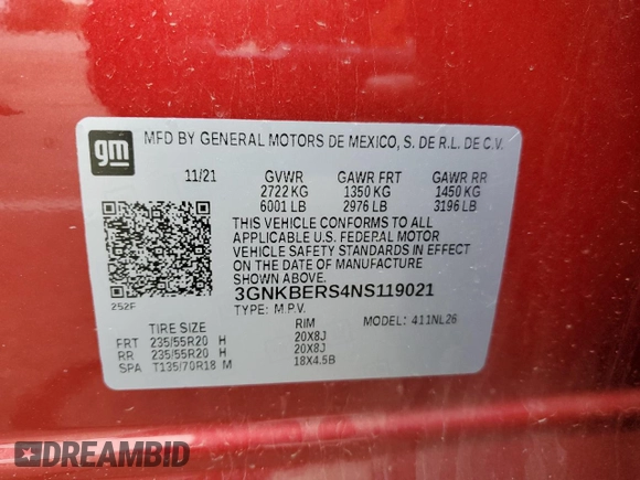 2022 Chevrolet Blazer RS with VIN 3GNKBERS4NS119021, listed as a Copart auction lot 52615455 with 60,684 mi miles and Salvage title. Bid and sale history available at DreamBid. Image 12.