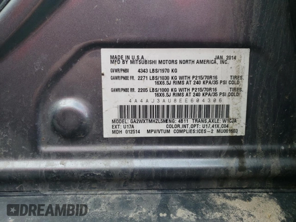 2014 Mitsubishi Outlander Sport SE with VIN 4A4AJ3AU8EE604306, listed as a Copart auction lot 53302015 with Not provided miles and Salvage title. Bid and sale history available at DreamBid. Image 14.