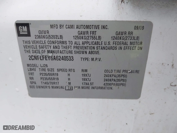 2010 Chevrolet Equinox LTZ with VIN 2CNFLFEY6A6240533, listed as a IAAI auction lot 41550960 with 168,397 mi miles. Bid and sale history available at carsss.com. Image 9.