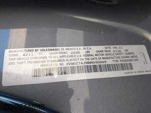 2011 Volkswagen Jetta SE с VIN 3VWDZ7AJ9BM395509, выставлен на аукционе IAAI как лот 41856879 с пробегом 126 169 миль миль и . История ставок и продаж доступна на DreamBid. Изображение 9.