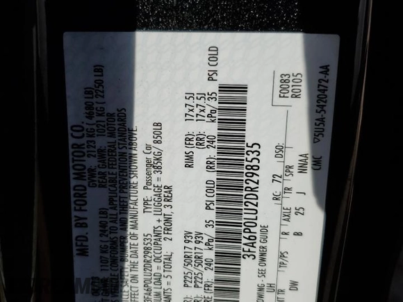 2013 Ford Fusion SE Hybrid with VIN 3FA6P0LU2DR298535, listed as a Copart auction lot 62786195 with 148,595 mi miles and Salvage title. Bid and sale history available at DreamBid. Image 12.