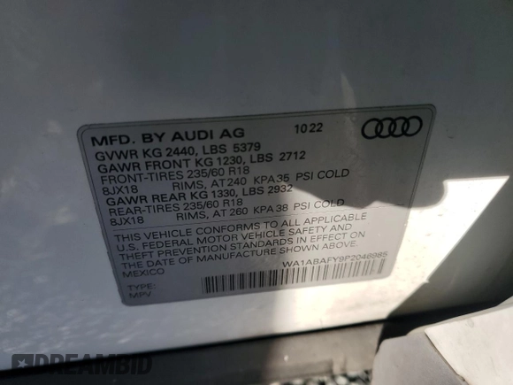 2023 Audi Q5 Premium with VIN WA1ABAFY9P2046985, listed as a Copart auction lot 80493784 with 41,454 mi miles and Salvage Title. Bid and sale history available at carsss.com. Image 13.