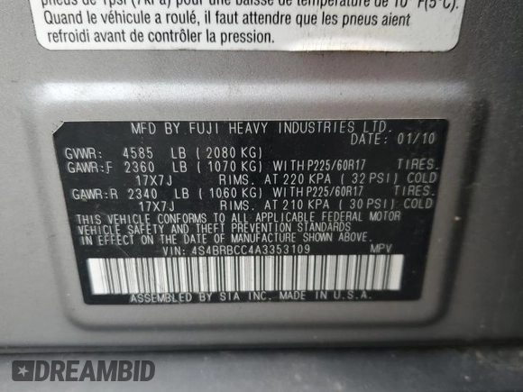 2010 Subaru Outback Premium All-Weather Anniversary z VIN 4S4BRBCC4A3353109, wystawiony jako Copart lot #60268565 z przebiegiem 135 047 mil mil oraz Szkoda całkowita • Salvage title. Historia ofert i sprzedaży dostępna na DreamBid. Obrazek 14.