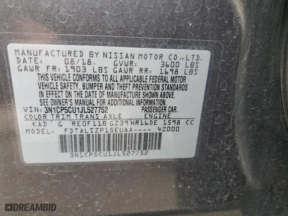 2018 Nissan Kicks SR with VIN 3N1CP5CU1JL527752, listed as a Copart auction lot 48542695 with 56,109 mi miles and Salvage Title. Bid and sale history available at carsss.com. Image 14.