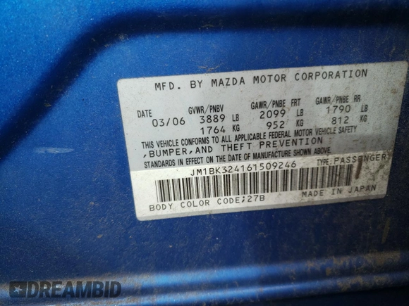 2006 Mazda 3 s with VIN JM1BK324161509246, listed as a Copart auction lot 79171734 with 75,595 mi miles and Salvage Title. Bid and sale history available at DreamBid. Image 13.