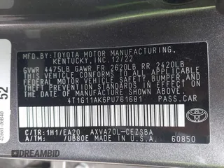 2023 Toyota Camry SE with VIN 4T1G11AK6PU761681, listed as a IAAI auction lot 41766008 with 18,690 mi miles. Bid and sale history available at carsss.com. Image 9.