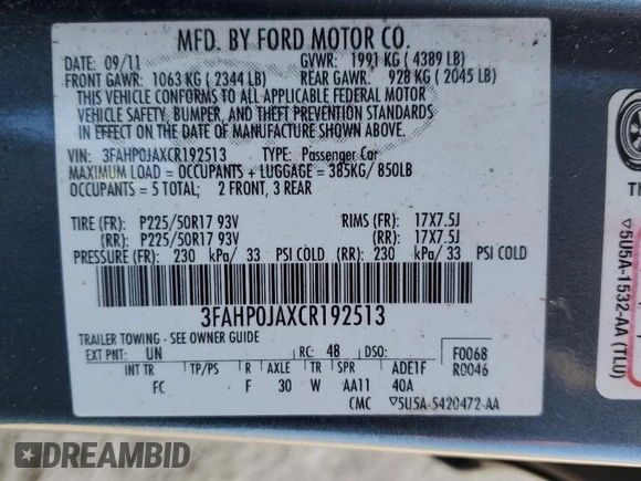 2012 Ford Fusion SEL z VIN 3FAHP0JAXCR192513, wystawiony jako Copart lot #48873205 z przebiegiem 163 110 mil mil oraz Szkoda całkowita • Salvage title. Historia ofert i sprzedaży dostępna na DreamBid. Obrazek 13.
