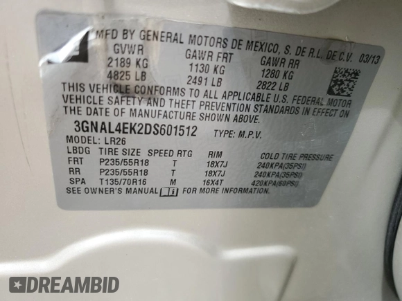 2013 Chevrolet Captiva Sport LTZ z VIN 3GNAL4EK2DS601512, wystawiony jako Copart lot #53911235 z przebiegiem 89 153 mil mil oraz Szkoda całkowita • Salvage title. Historia ofert i sprzedaży dostępna na DreamBid. Obrazek 13.