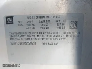 2012 Chevrolet Cruze LT w/1LT with VIN 1G1PF5SC7C7298231, listed as a IAAI auction lot 42090163 with 219,119 mi miles. Bid and sale history available at carsss.com. Image 9.