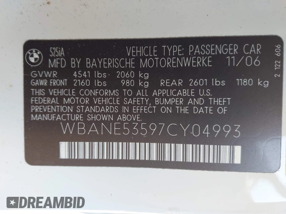2007 BMW 5 Series 525i with VIN WBANE53597CY04993, listed as a IAAI auction lot 42092078 with 113,698 mi miles and . Bid and sale history available at carsss.com. Image 9.