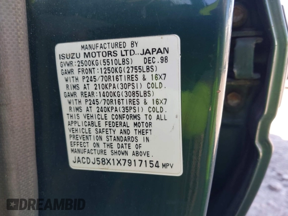 1999 Isuzu Trooper S with VIN JACDJ58X1X7917154, listed as a IAAI auction lot 42632311 with 200,023 mi miles and . Bid and sale history available at DreamBid. Image 9.