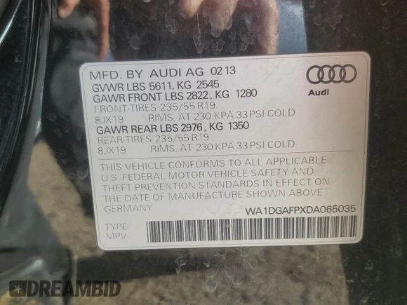 2013 Audi Q5 Premium Plus с VIN WA1DGAFPXDA065035, выставлен на аукционе Copart как лот 50424475 с пробегом 91 196 миль миль и Списание • Salvage title. История ставок и продаж доступна на DreamBid. Изображение 13.