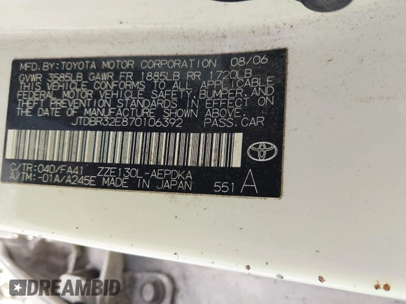 2007 Toyota Corolla CE with VIN JTDBR32E870106392, listed as a IAAI auction lot 41562881 with 74,870 mi miles and . Bid and sale history available at DreamBid. Image 9.