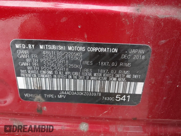 2019 Mitsubishi Outlander SE z VIN JA4AD3A30KZ033978, wystawiony jako IAAI lot #42315448 z przebiegiem 131 906 mil mil oraz . Historia ofert i sprzedaży dostępna na DreamBid. Obrazek 9.
